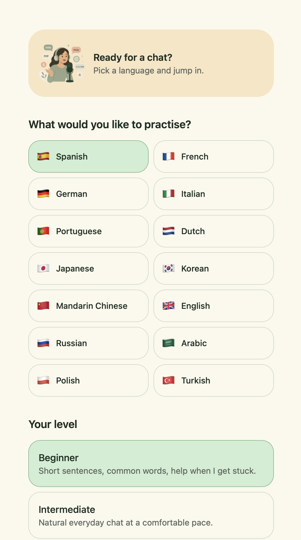 Pick a language & level